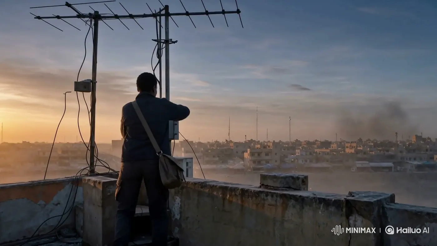 @Diplomeme Frame: Character Operating Antenna on Rooftop, Twilight City and Smoke